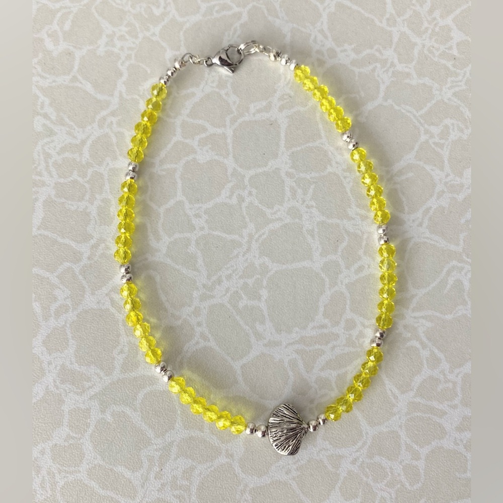 Silver Shell Accent Yellow Crystal Beaded Ankle Bracelet